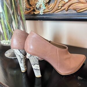 Womens Taupe Leather Booties with Snakeskin Block Heel